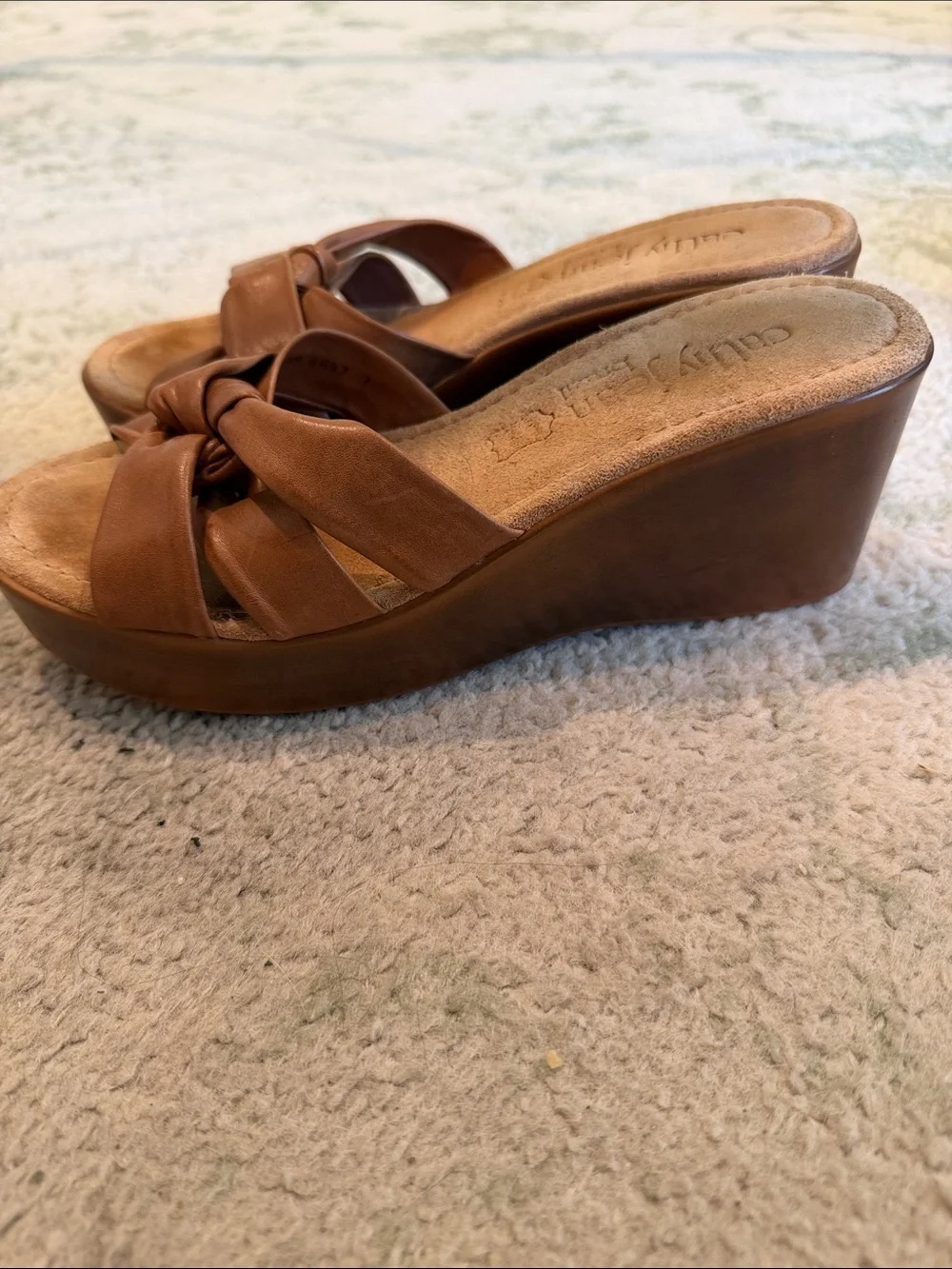 Cathy Jean Vintage Cognac Knotted Leather Wedge Slides 90s Y2K Made in Brazil - Picture 2 of 5
